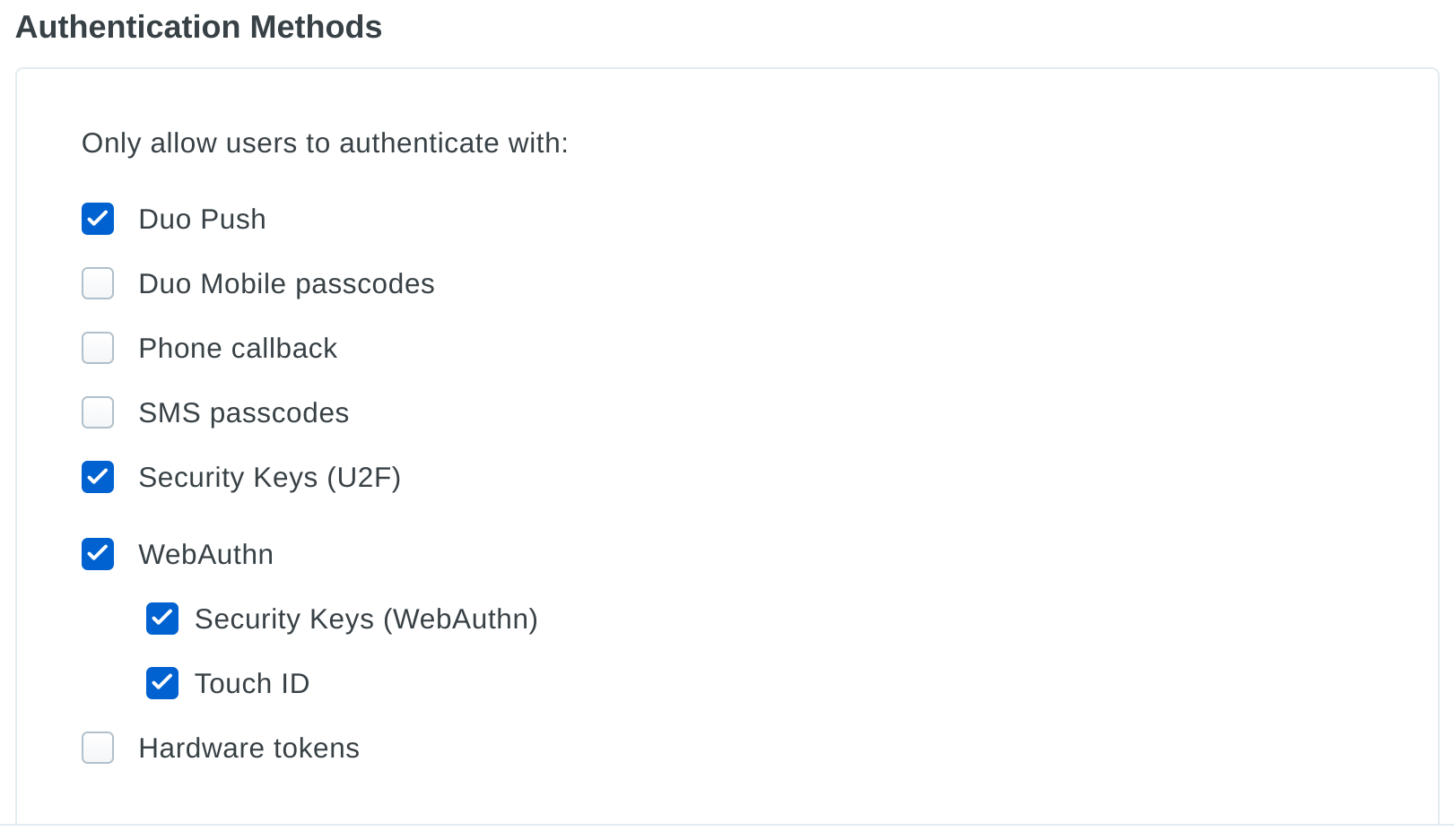 Duo Mobile passcodes, phone callback, hardware tokens, and SMS-delivered passcodes are much less convenient for the end user and introduce unnecessary friction into the authentication process. In addition, these factor choices do not provide security properties that are as strong as Duo Push and U2F.