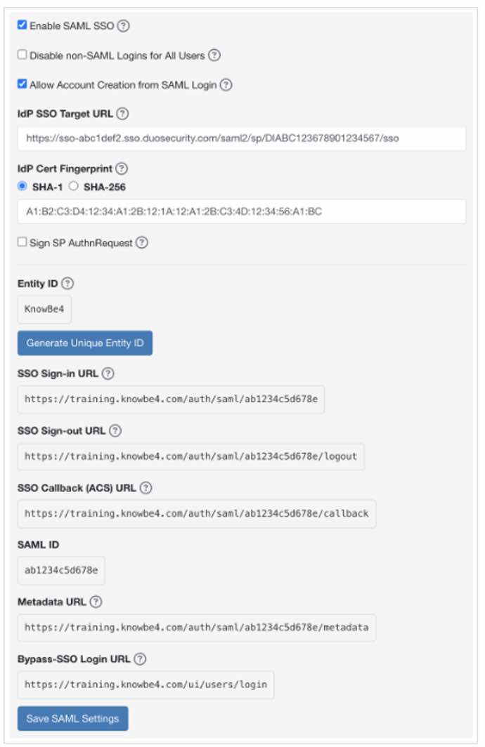 Screenshot of the Duo-KnowBe4 Admin Panel