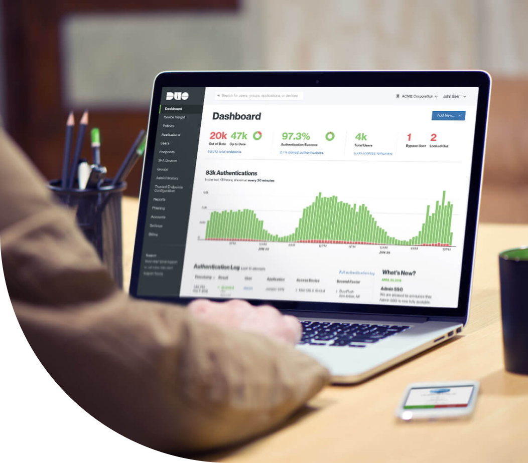 image of a person working on a laptop demonstrating what the Duo dashboard for admins looks like.
