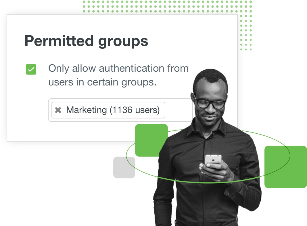 image of a person on mobile device indicating what groups that person is permitted to access and use securely