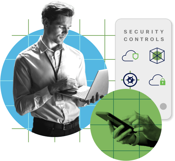 An information technology (IT) expert uses a laptop and smartphone to manage data security controls with Cisco Security.
