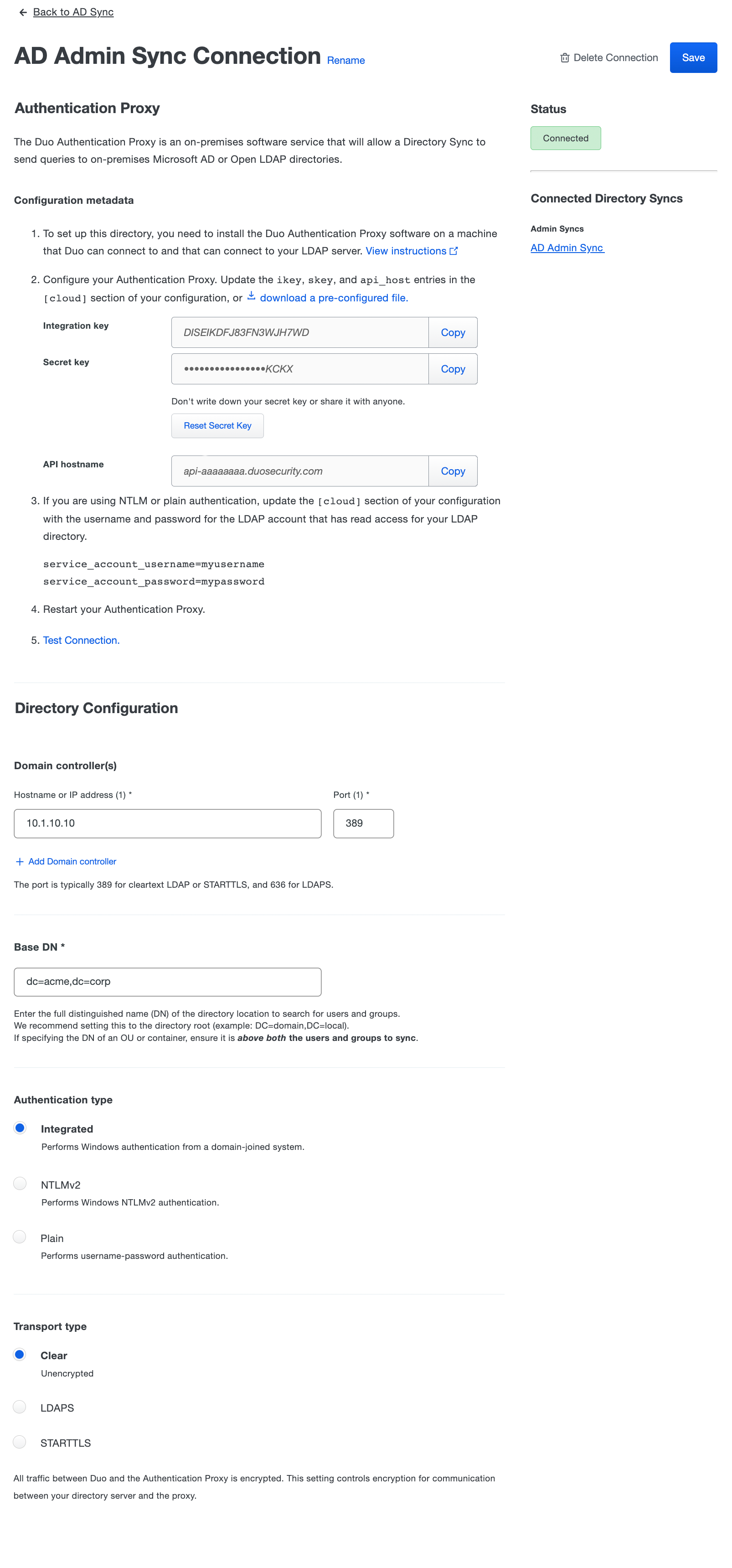 Admin AD Sync Connection with Connected Status