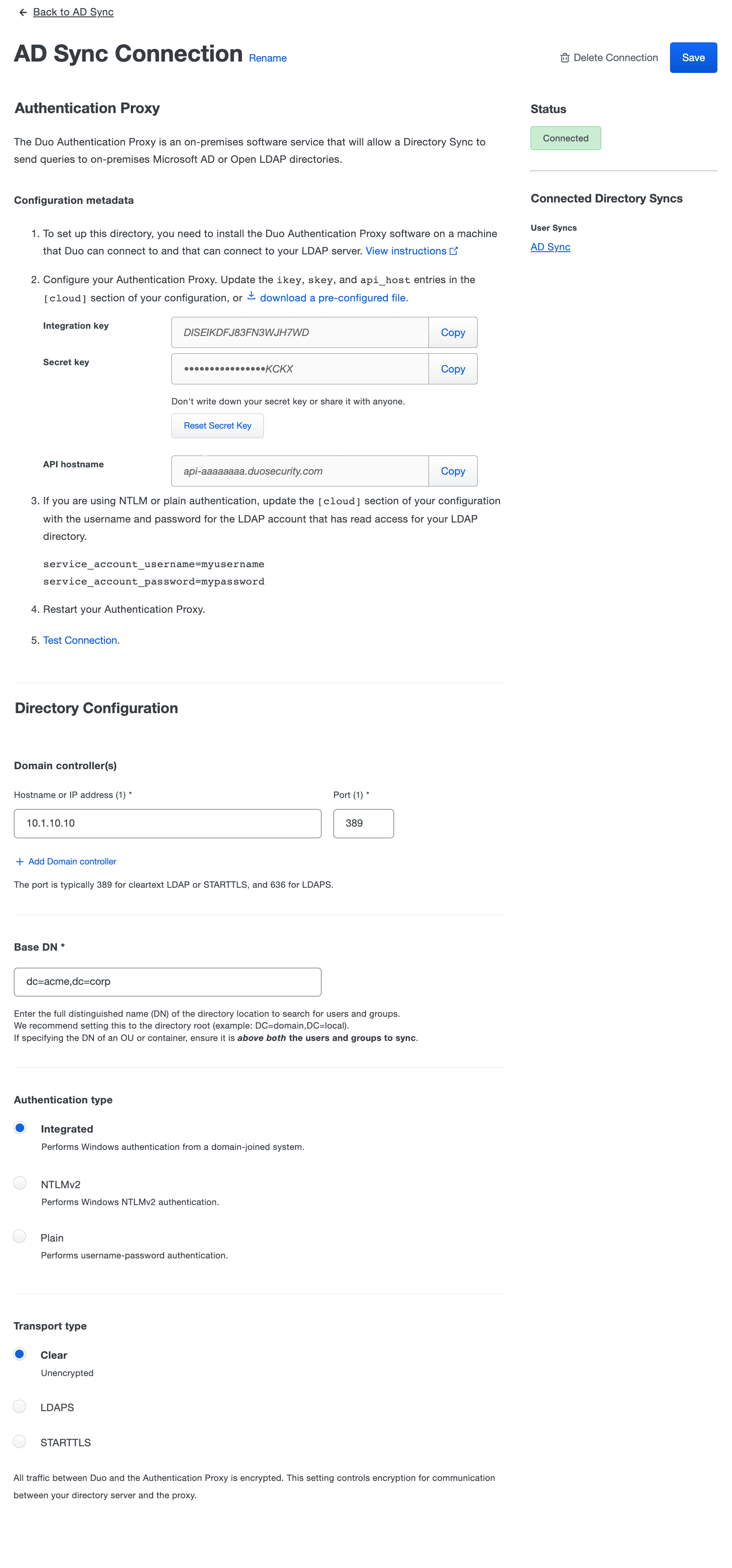 AD Sync Connection with Connected Status