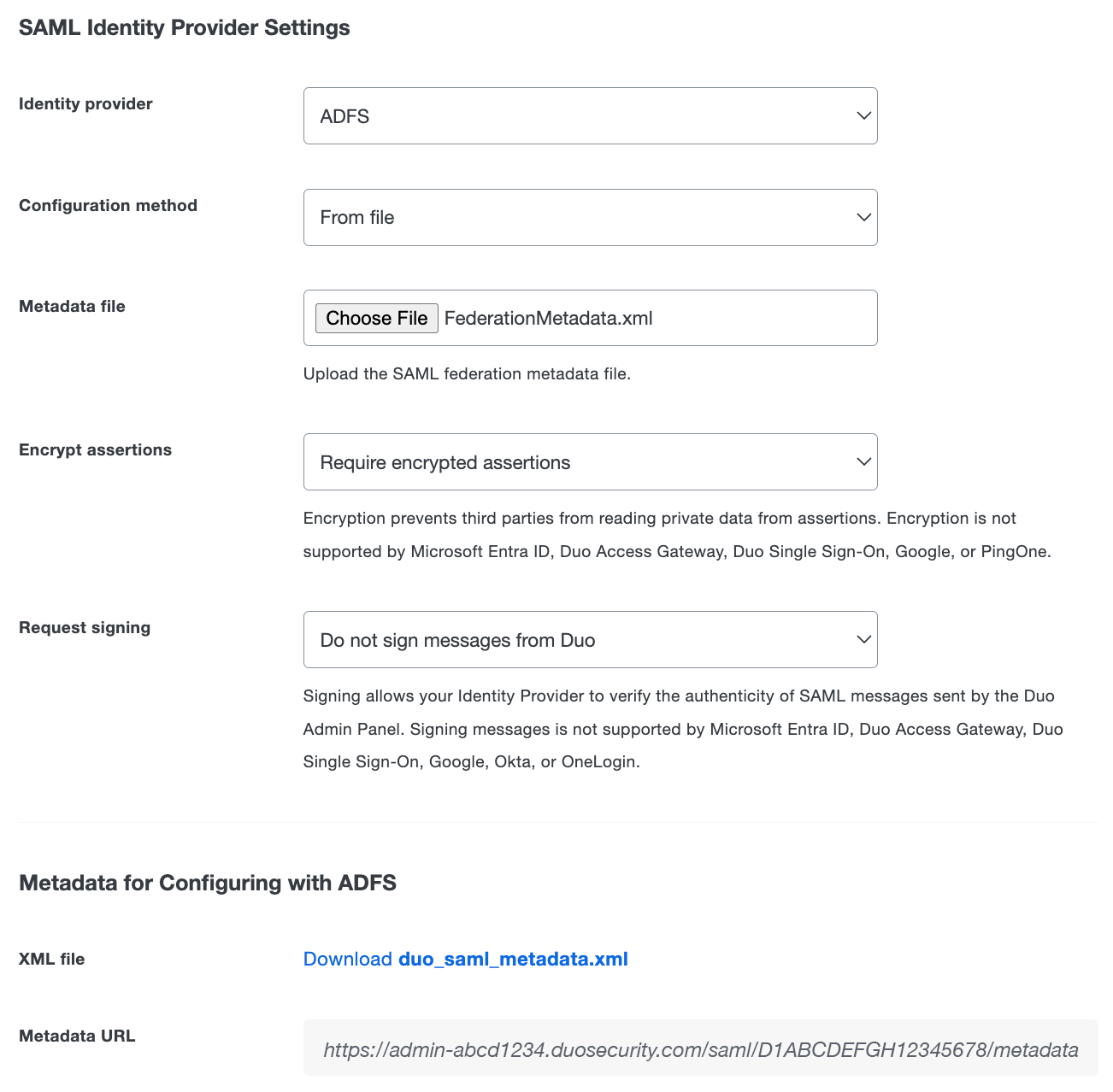 Duo Admin Panel AD FS SAML Identity Provider Settings