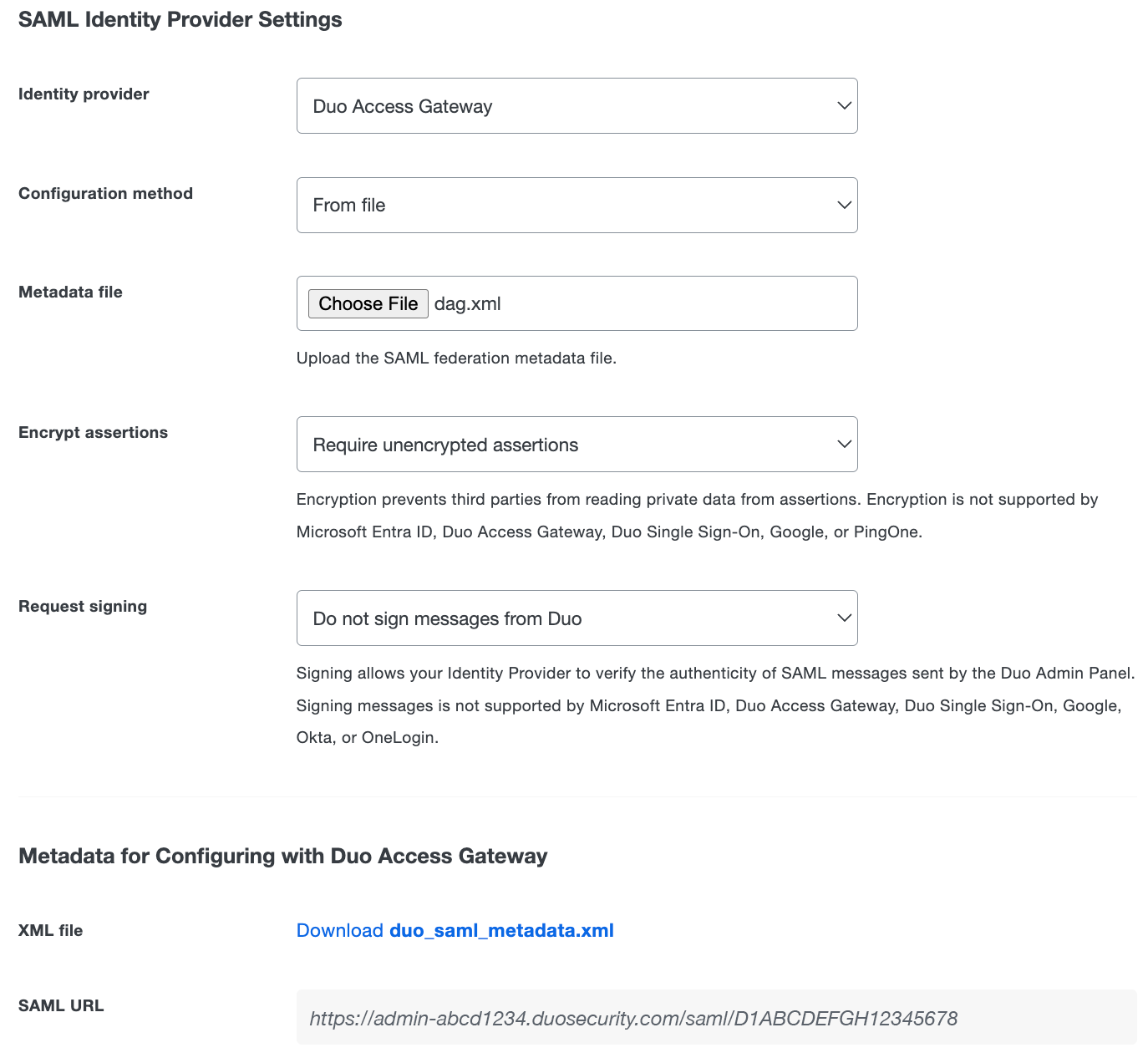 Duo Admin Panel DAG SAML Identity Provider Settings