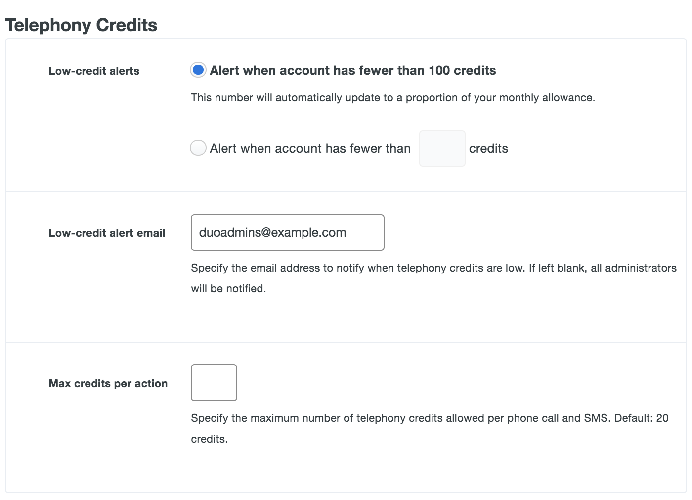 Telephony credits settings