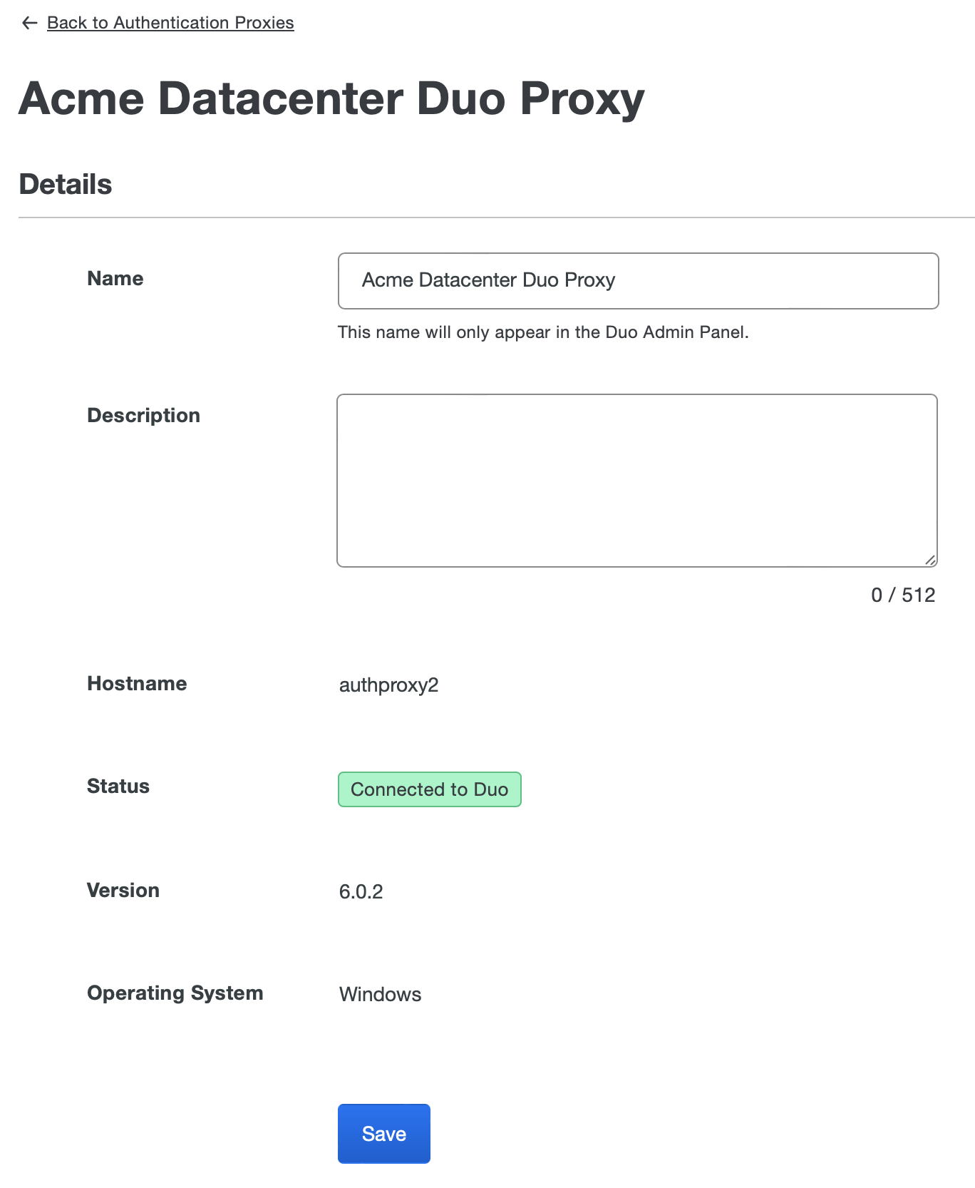 Authentication Proxy Dashboard Details page