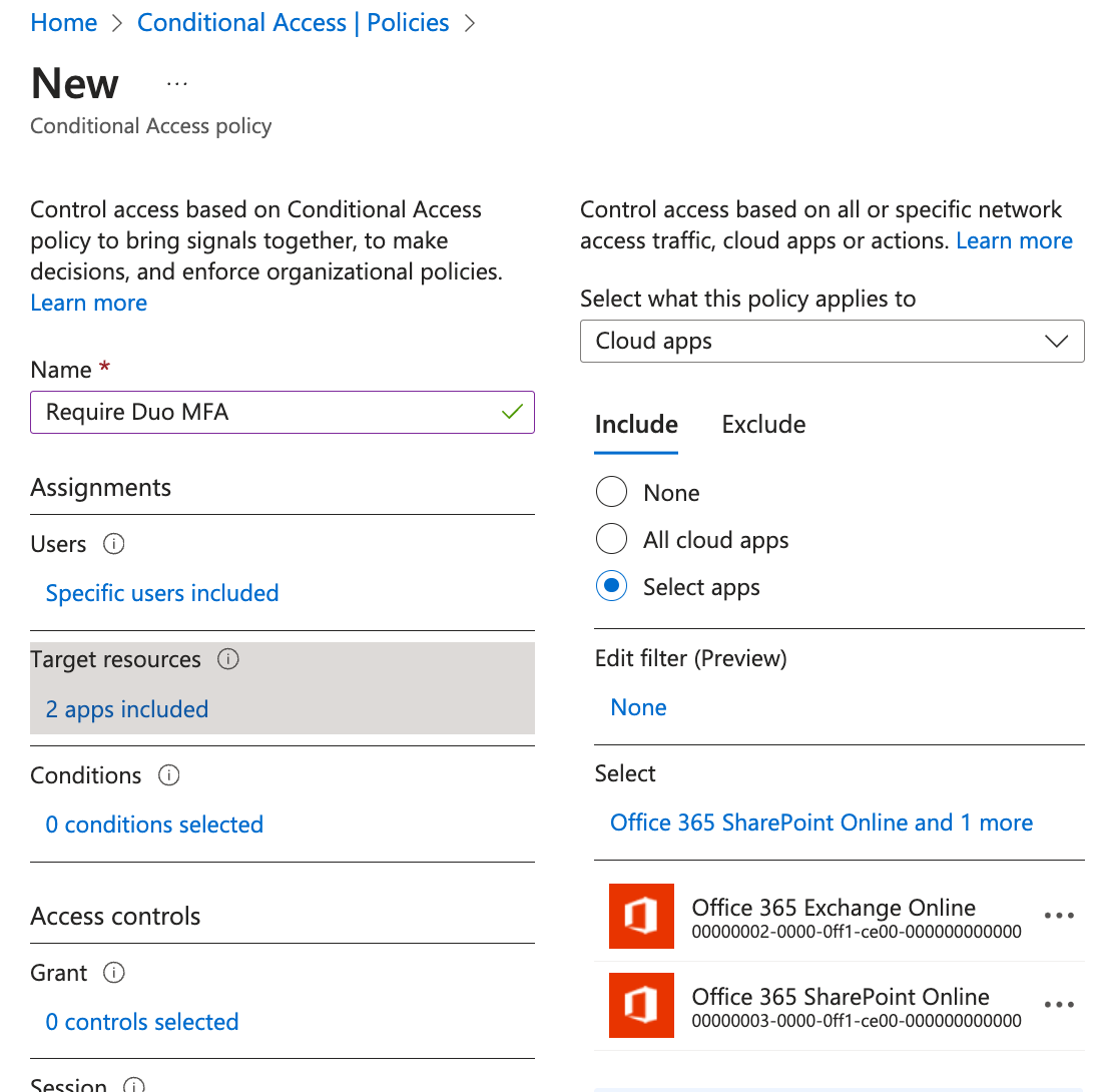 Duo Entra ID CA Policy Cloud App Assignment