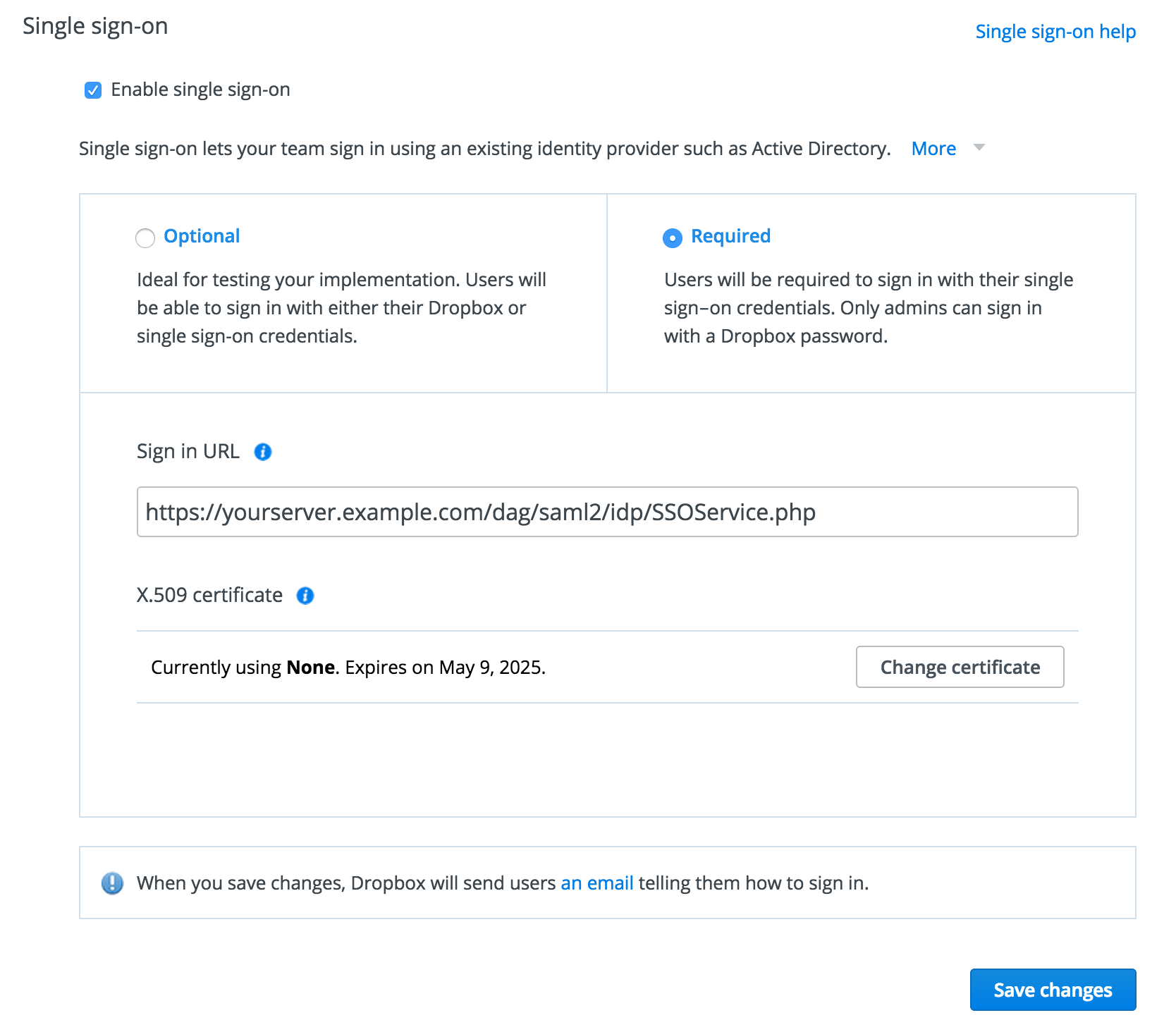 Dropbox Single Sign-On Setting Edit