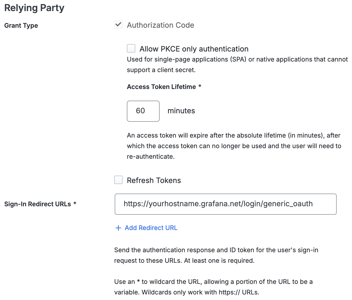 Duo Grafana Cloud Relying Party Section