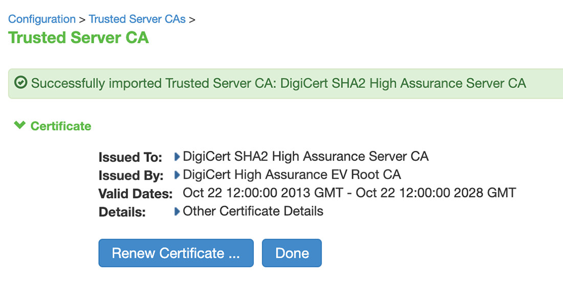 DigiCert CA Upload Success