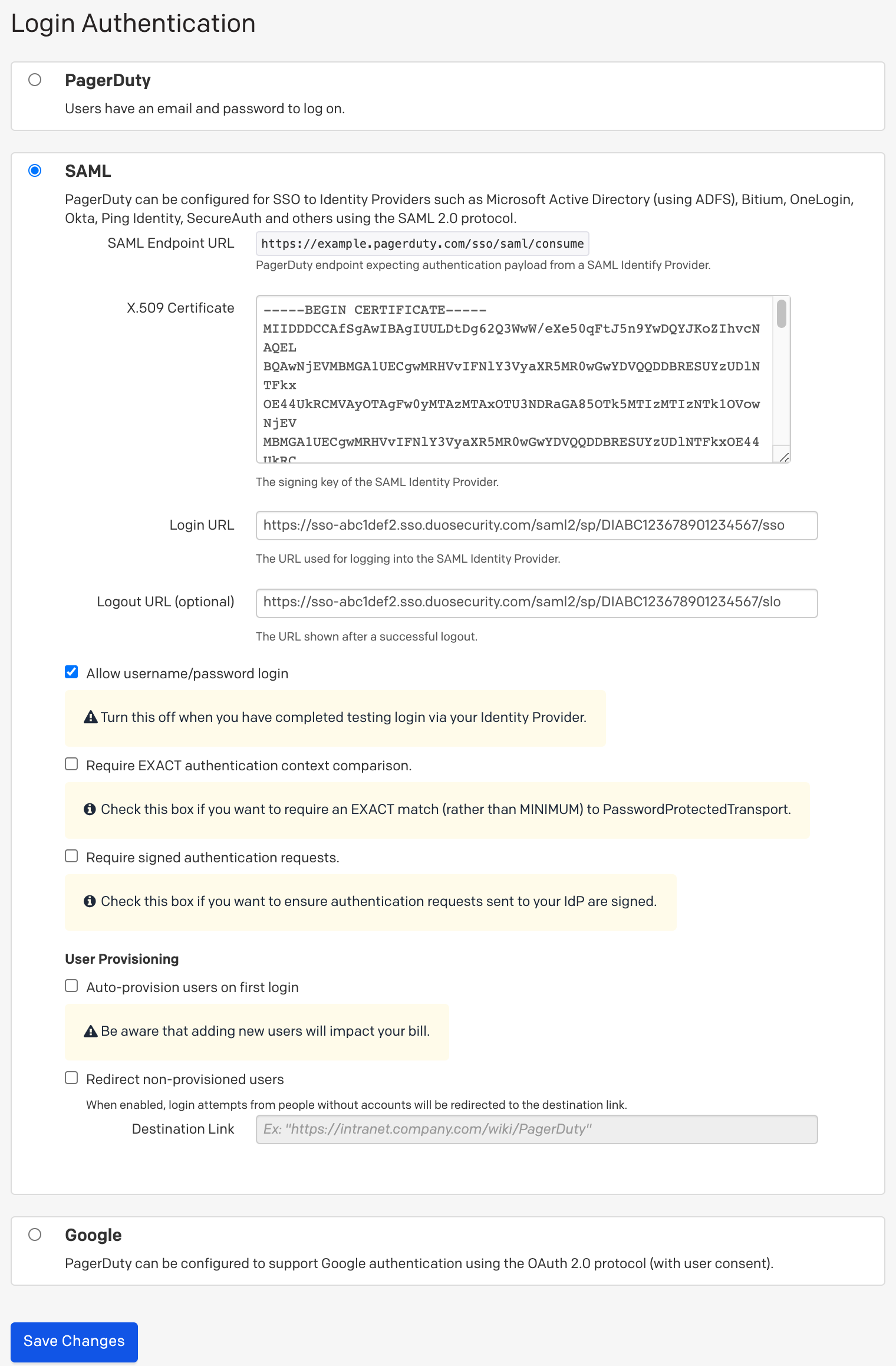 PagerDuty Single Sign-On Settings