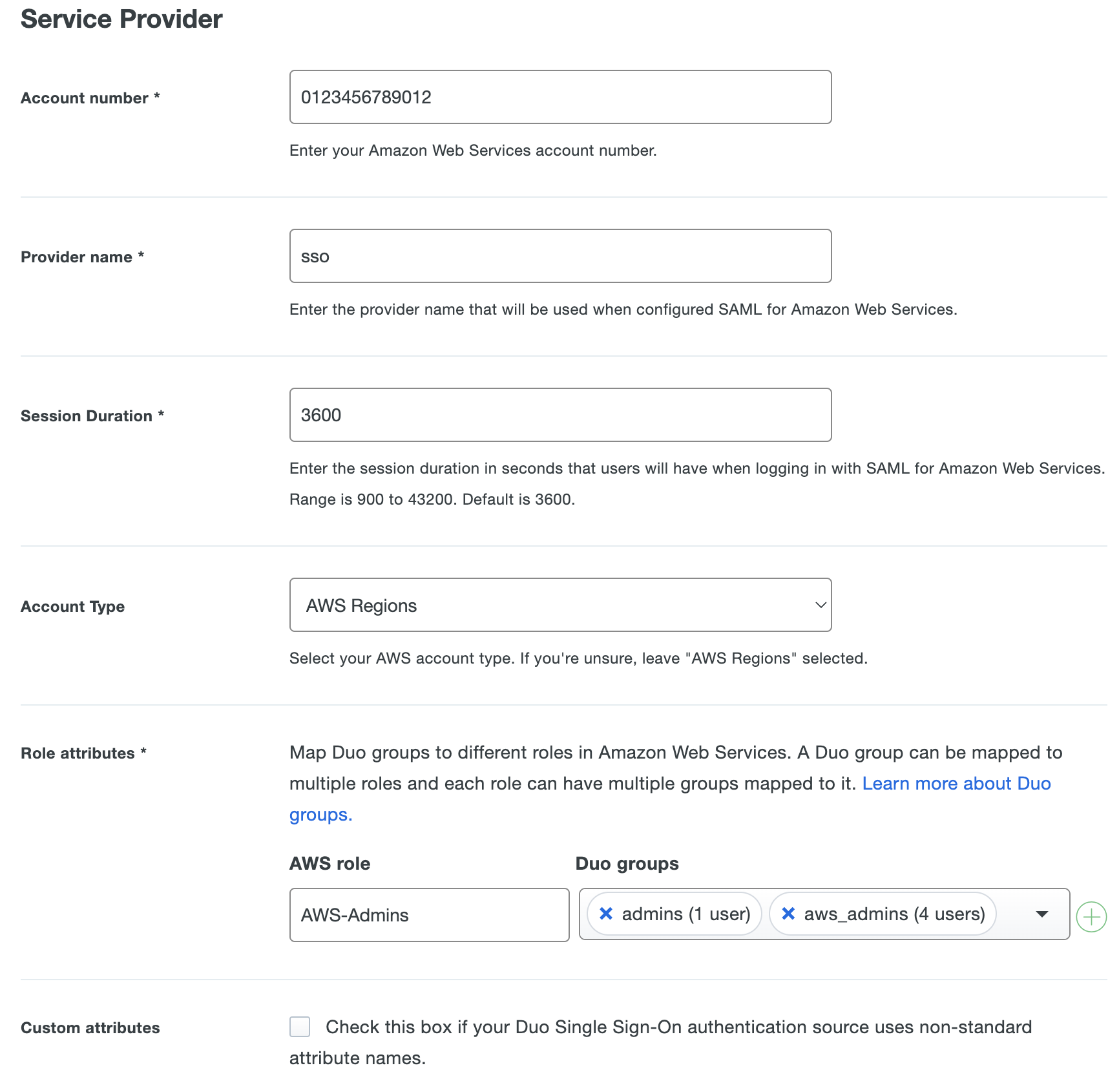 Duo AWS Application Settings