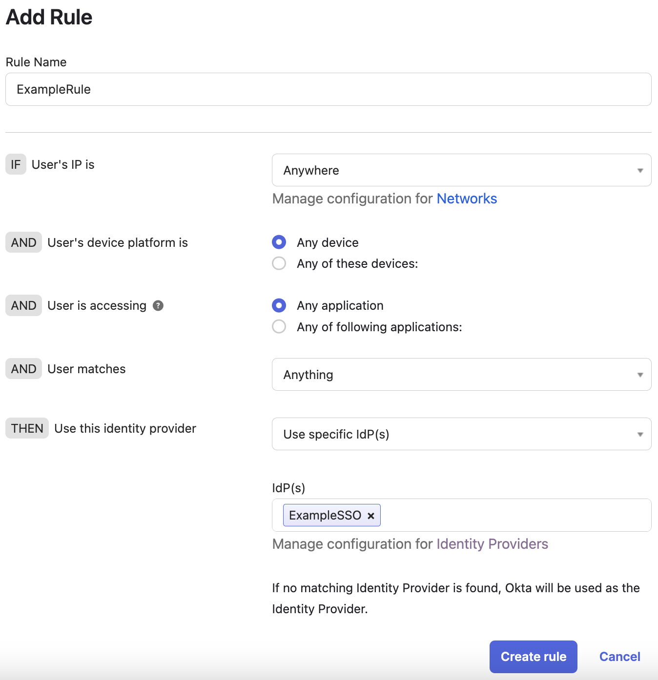 Okta Add Rule Window