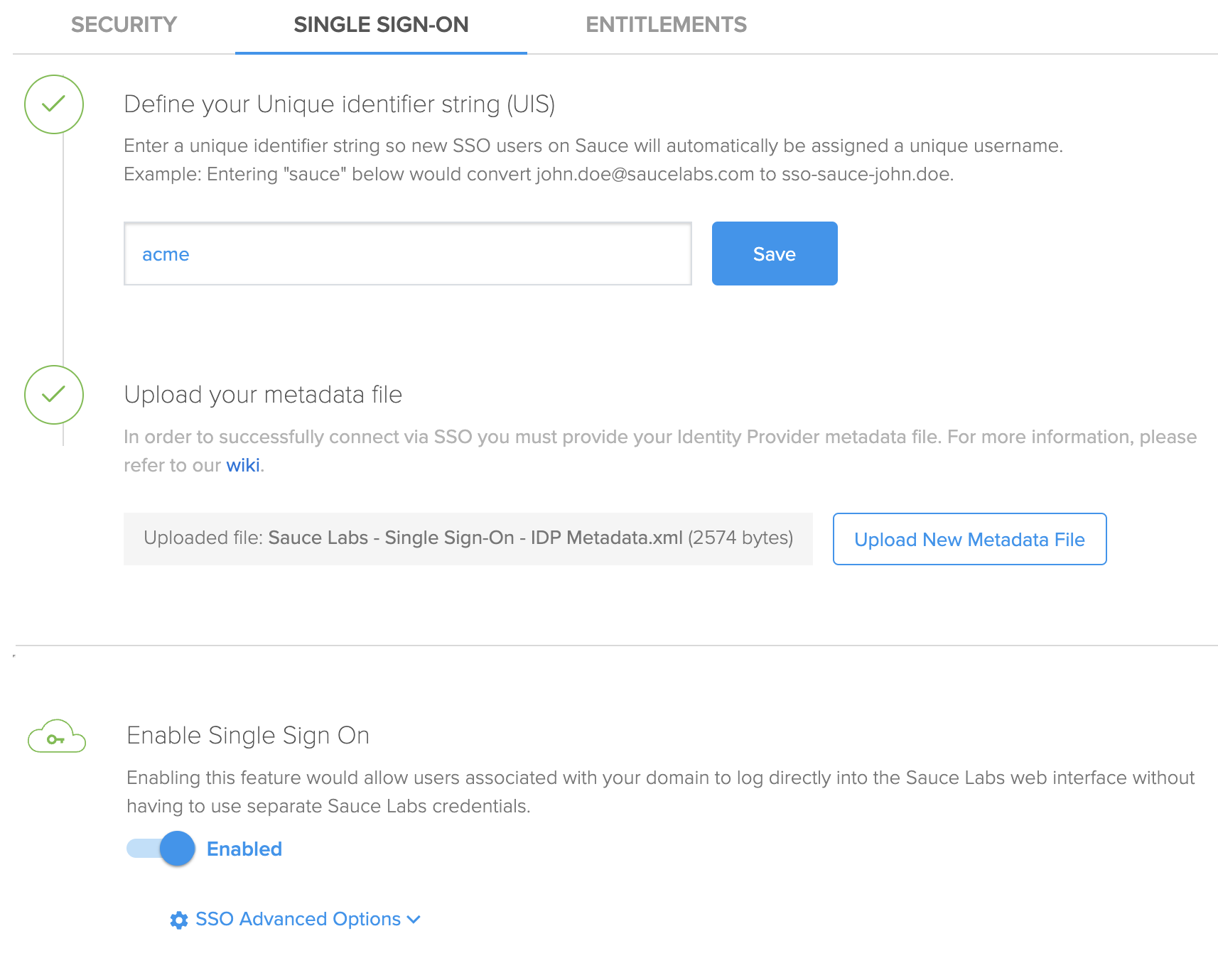 Sauce Labs Organization Settings for SSO