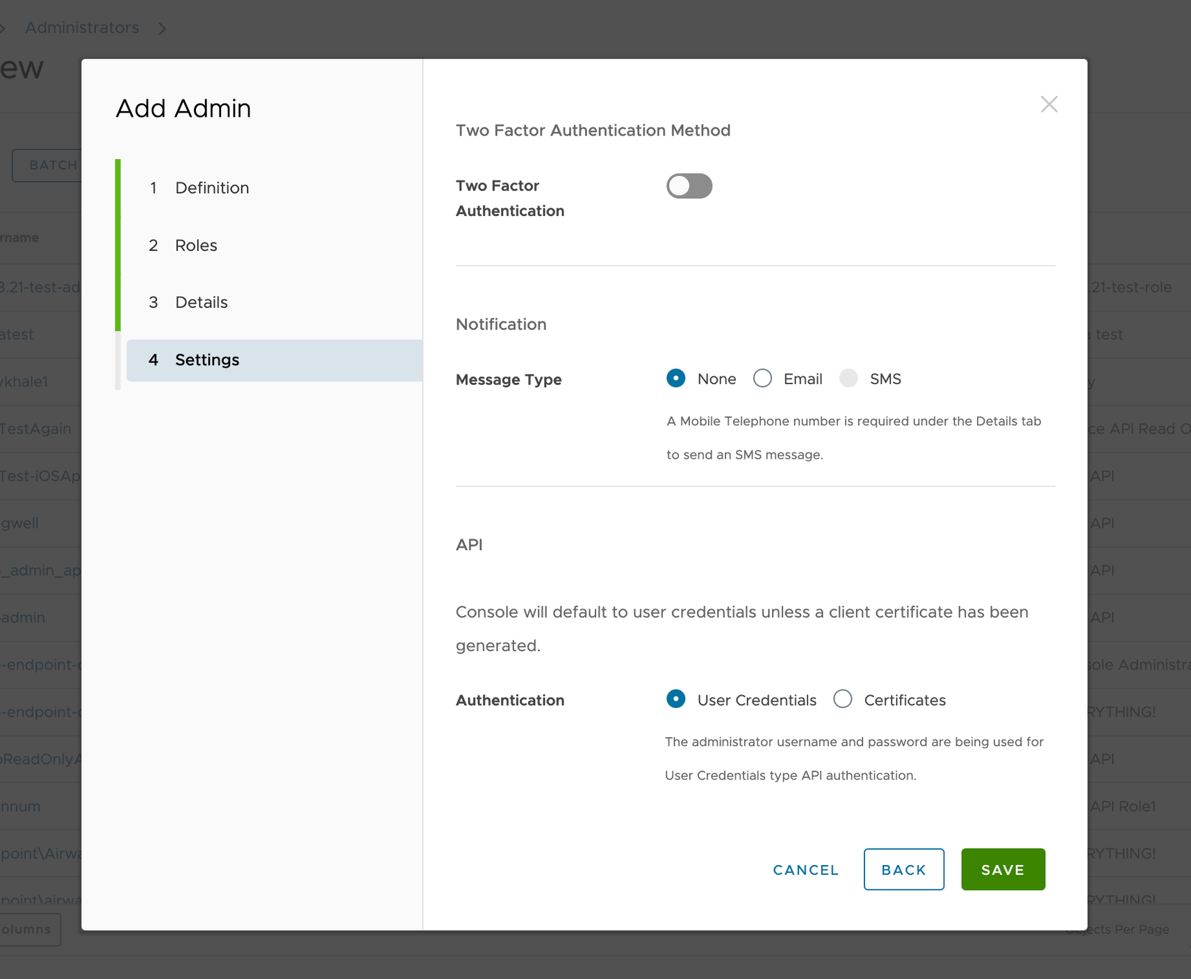 New Admin Settings